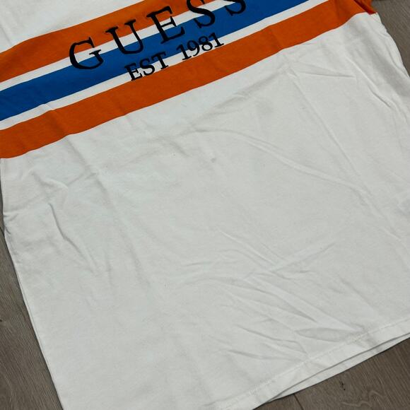 Guess Retro Ringer 90s Orange Blue White Stripe Tee T Shirt Size Small S B14 - Picture 2 of 6
